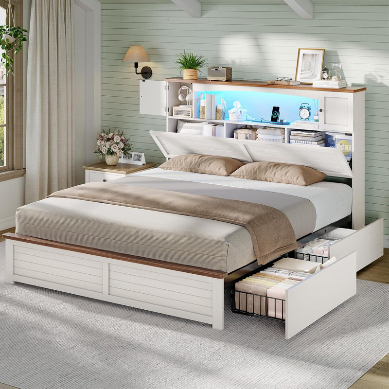 Farmhouse Full Storage Bed Frame with Bookcase Headboard, LED Lights, Charging Station & 4 Drawers, Wood Platform Bed, White