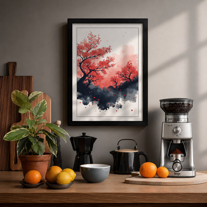 Blossoms in Mist Japandi - Framed Print, A4 - 29.7 x 21.0 cm, Black