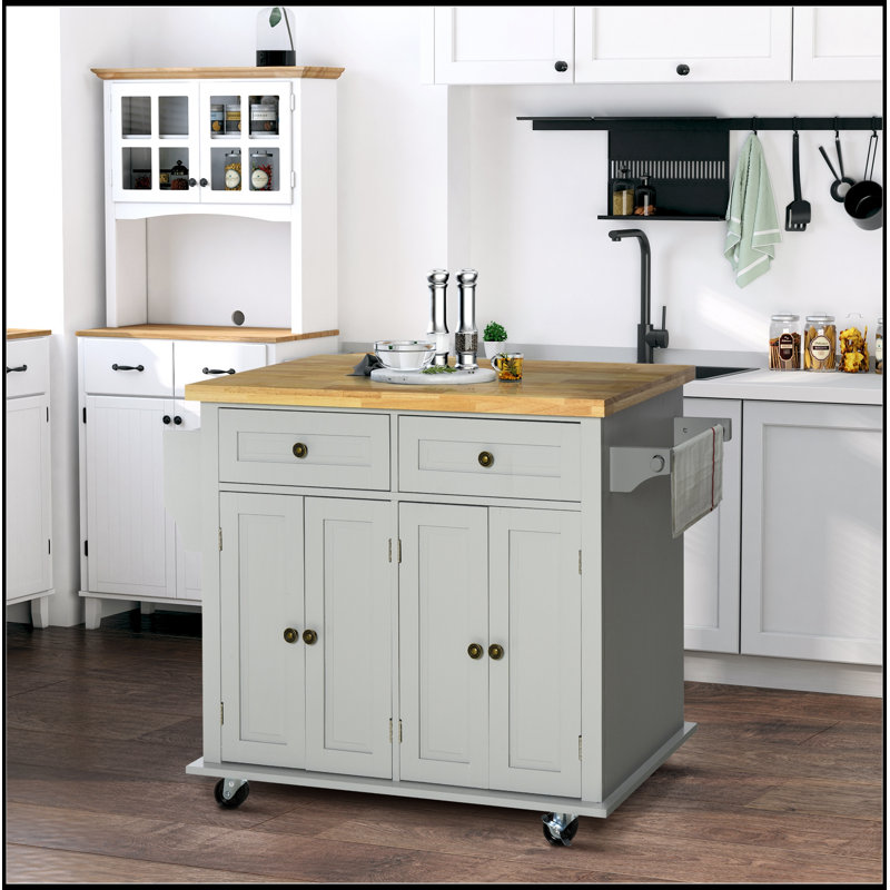 Kitchen Island On Wheels, Rolling, Rubberwood Top, Spice Rack, Towel Rack, Drawers, Gray