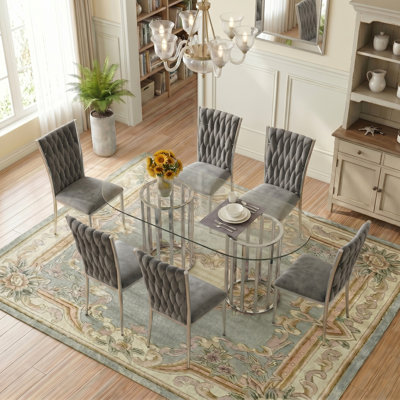 Ensemble de table de salle à manger moderne et luxueux en verre ovale pour 6 personnes, meubles de salle à manger de cuisine à domicile avec structure en métal robuste, chaises ergonomiques rembourrées en velours, plateau de table transparent, chaises gris foncé