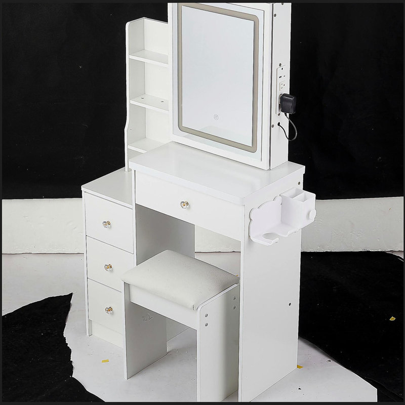 Petite coiffeuse 29,2 po avec tabouret de chevet gauche + tabouret rembourré, 2 blocs d'alimentation CA + 2 ports USB, support pour séchoir à cheveux, très grand miroir à DEL coulissant à commande tactile, changement de luminosité tricolore, réglage de la luminosité