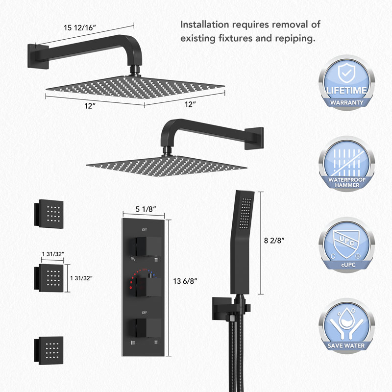 Douchette de pluie 12 po thermostatique murale avec douche à main et jets corporels, Noir mat