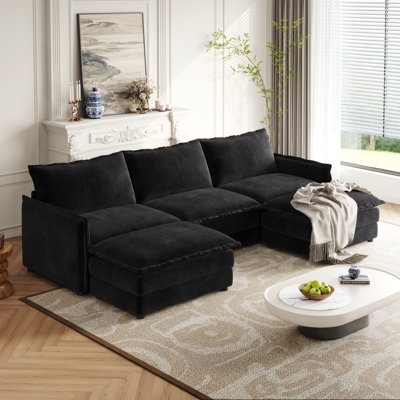 Oversized U-Shaped Sectional Sofa 4-Seater Corduroy Cloud Couch Deep Seat with 2 Movable Footrests