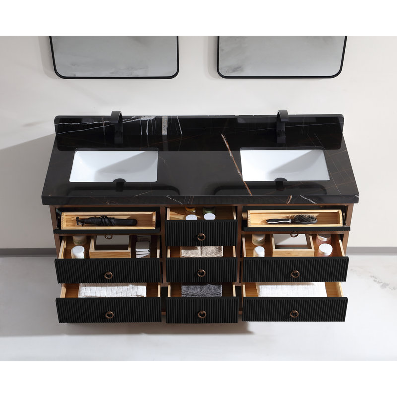 72" Double Vanity With Golden Brush Stainless Steel Frame And Tricorn Black Finish With 2' Thick Natual Stone Top, Black, 60"