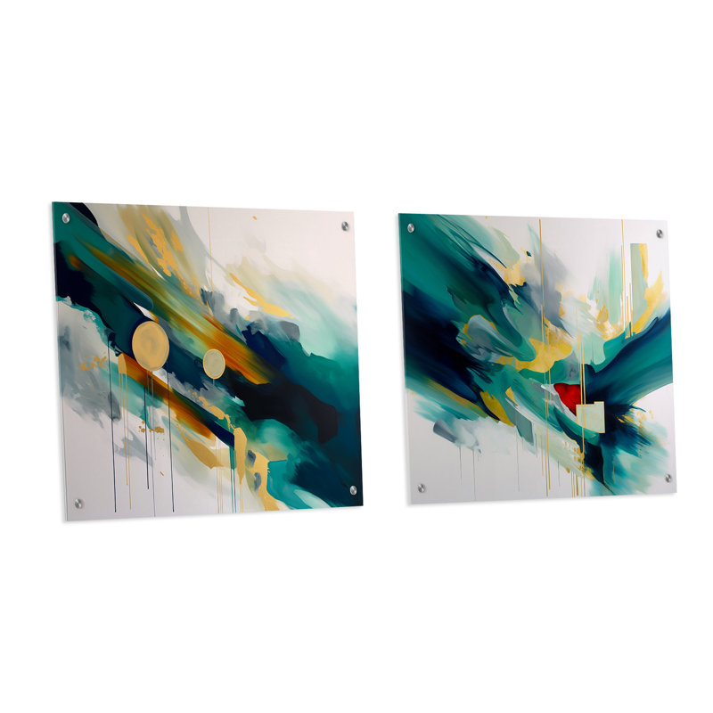 «Geometric Green and Gold Motion» - Ensemble de 2 verres muraux abstraits géométriques en acrylique, H 16 po x l 33 po