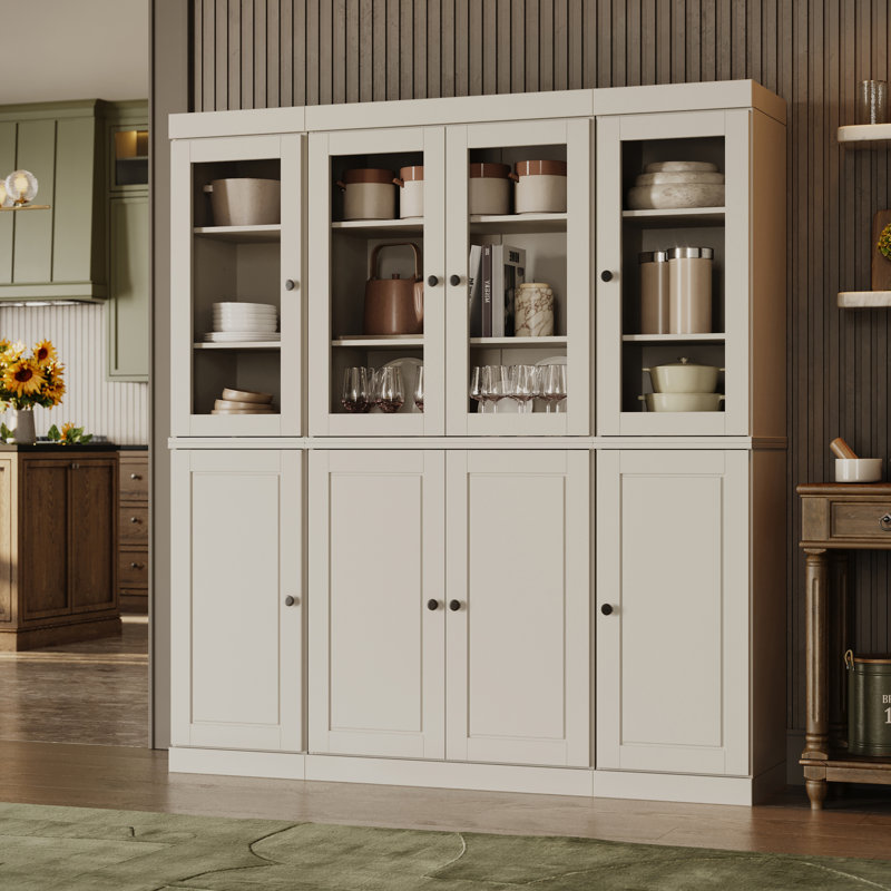 Armoire de cuisine haute 100% en bois massif avec portes en verre et 2 tiroirs, tablettes réglables, armoire de rangement modulaire de cuisine Pulcova, l 65 po x H 71,5 po