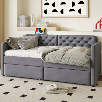 Twin Bed With 2 Drawers, Velvet Upholstery, Mid - Century Wood, Grey Shade Drawers And Charging, Comfortable , Elegance