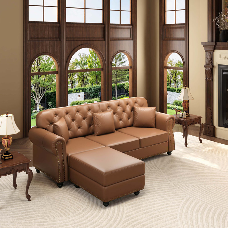 Canapé Chesterfield 82,6 po Mid-Century, Similicuir brun