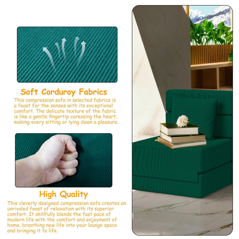 Simple Modern Convertible Folding Compression Sectional Sofa Coach (Set Of 3), Green Corduroy