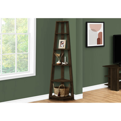 5 Tier Corner Bookcase, 72"h, Walnut Laminate, Modern Home Addition 72"h Bookcase In Contemporary Bedroom Must