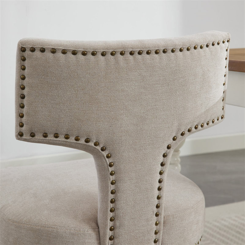 Mid Century Modern Dining Chairs Set Of 2, Farmhouse Linen Fabric Upholstered Accent Chair Curved Backrest With Copper Nails Around,Kitchen Chairs With Hardwood Frame