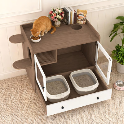 Table d'appoint pour salle de bain 43 po avec litière cachée pour chat avec lumière DEL intégrée, tiroirs et escaliers