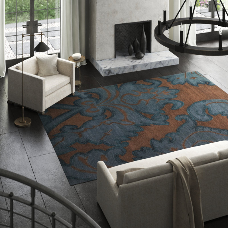 Implied Damask Area Rug in Blue/Brown, Rectangle 9' x 12'