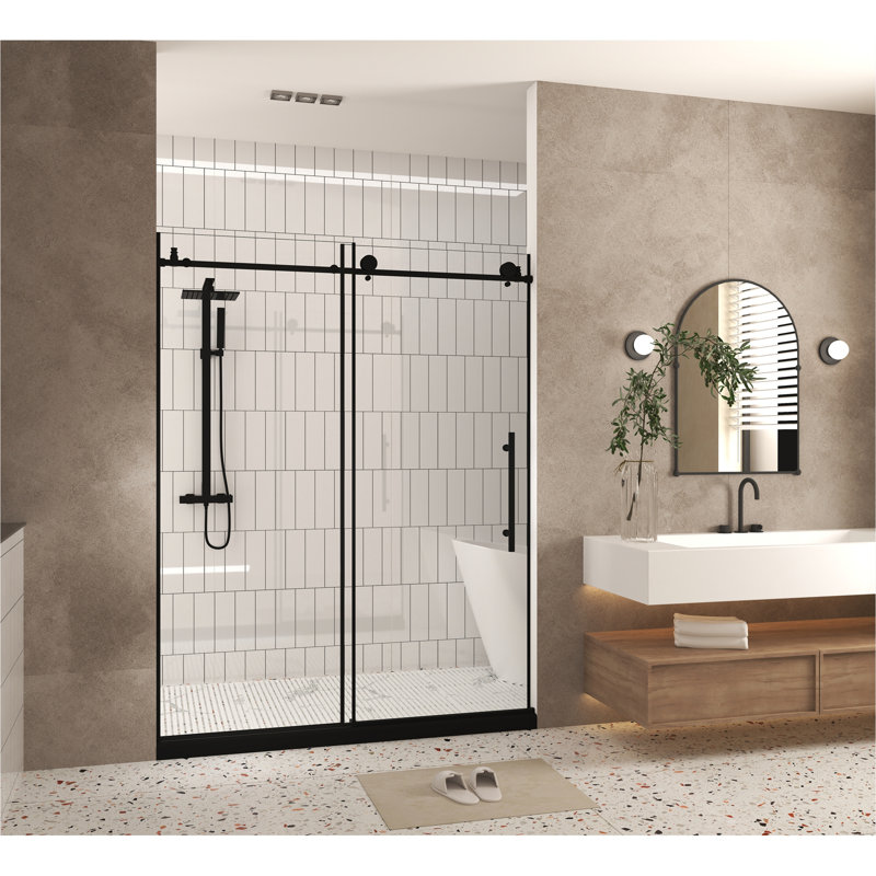 60"W x 76"H Frameless Shower Door, 1/4" Clear Tempered Glass, Explosion-Proof Film, Stainless Steel Handle, Matte Black