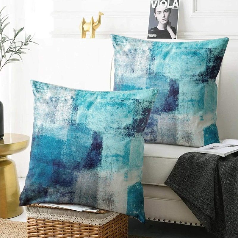 Ensemble de 2 housses de coussin en laine à carreaux, Blanc / vert / bleu floral