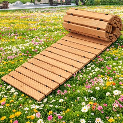 12FT Extra Long Cedar Wooden Garden Pathway, Roll Up Anti-Slip Boardwalk for Garden Muddy Areas Events