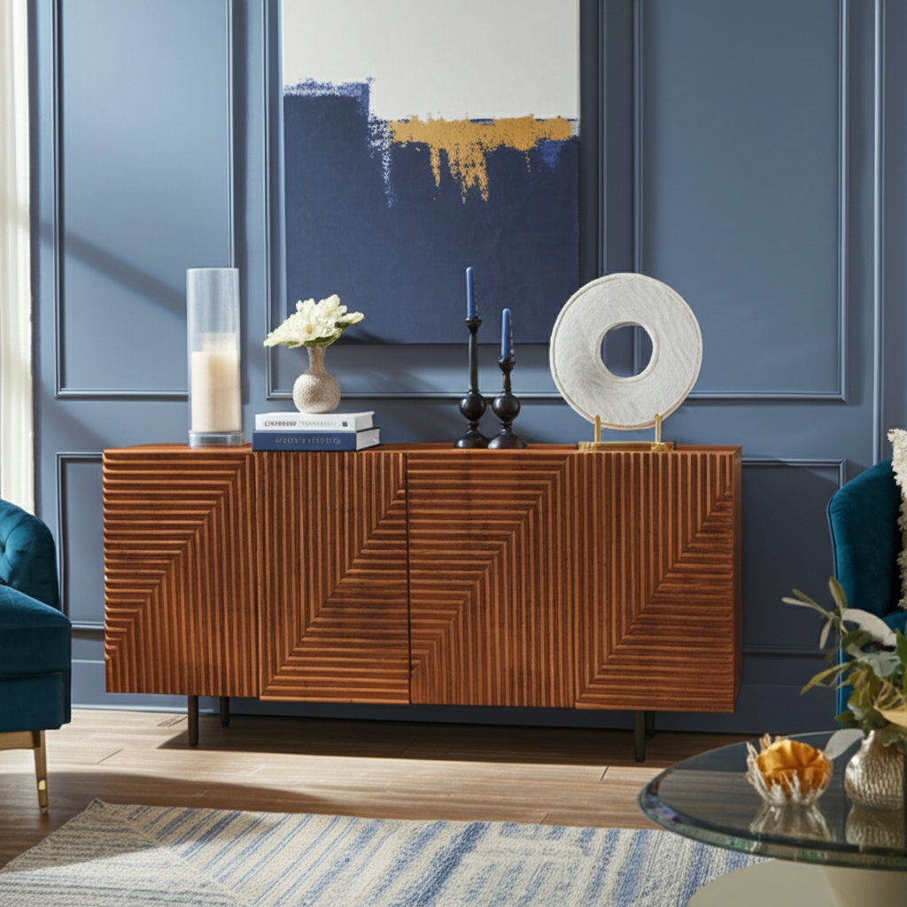 Tavarozzi Cabinet Mango Wood and Metal Dimensional Carved Front 63 Inch Brown Finish for Home Office Bedroom or Living Room Brayden Studio®