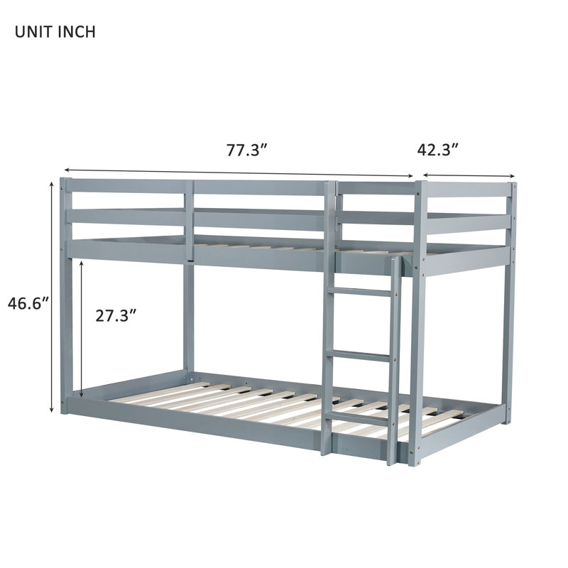 Solid Wood Twin over Twin Loft Bed with Ladder – Low Height, Durable Slats & Underbed Storage,Grey, Gray