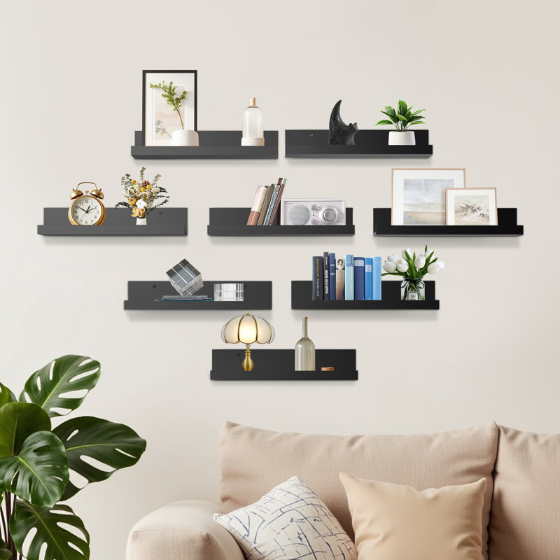 Ensemble de 8 tablettes murales flottantes en bois, tablettes pour décoration murale, Noir