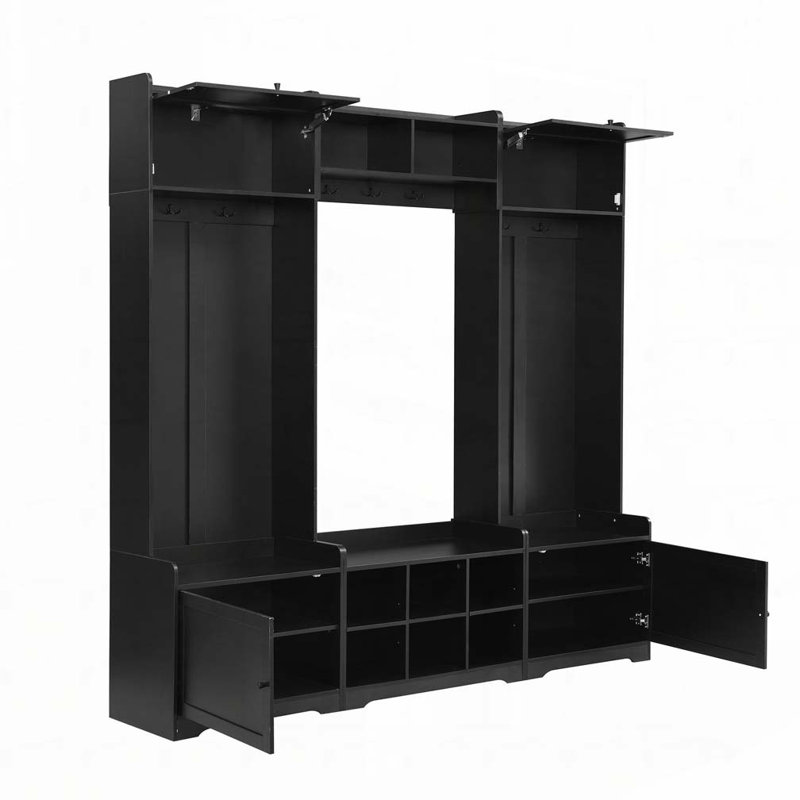 79.1"Wide Modern Hall Tree with Shoe Storage, 8 Cubbies, 7 Coat Hooks & Adjustable Shelf, Black
