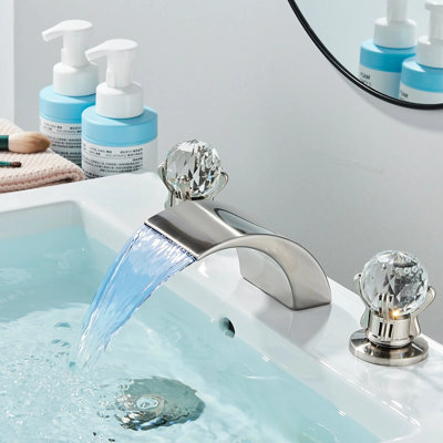Brushed Nickle Widespread Bathroom Sink Faucet 8-Inch, 3 Hole 2 Handle Waterfall Faucet with LED Light, Crystal Handles Basin Mixer Tap with Supply Hose