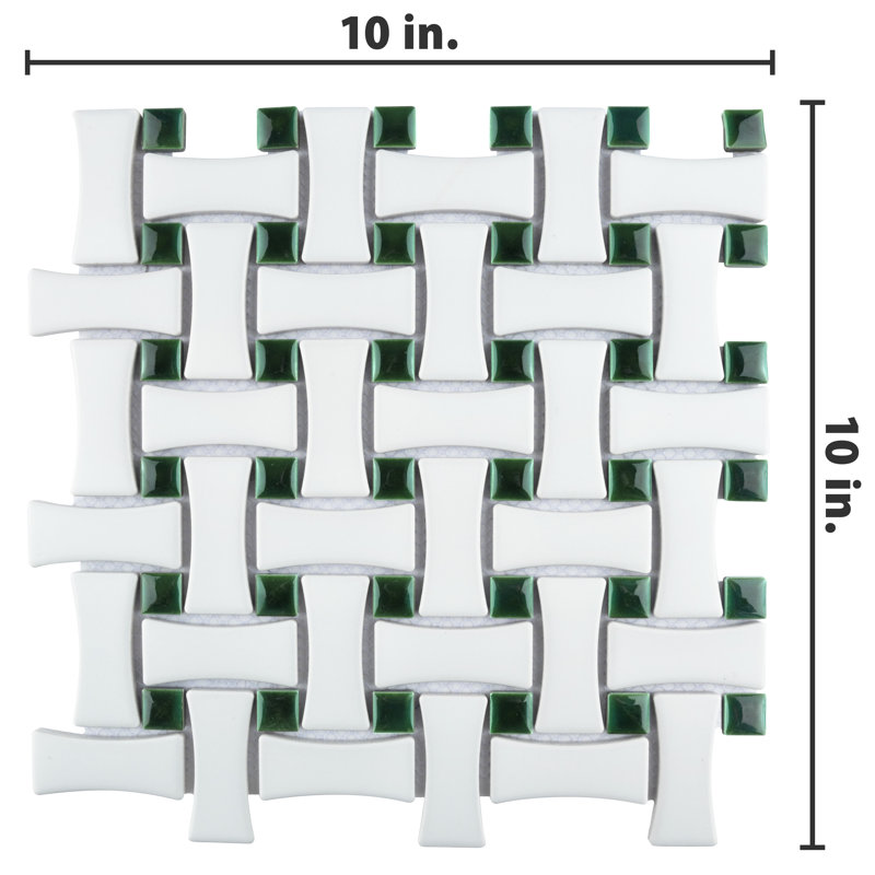 Metro Ion Dog Bone Basketweave Emerald Dot Matte White 10" x 10" Porcelain Mosaic Floor & Wall Tile