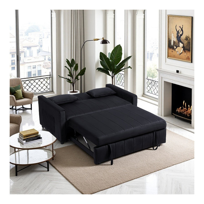 Canapé-lit, canapé-lit escamotable en velours 3 en 1 avec accoudoirs, poches de rangement et 2 coussins, dossier réglable, canapé-lit pour le salon, chambre à coucher (noir)