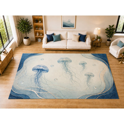 Tapis à motif méduse de 6 pi 7 po x 9 pi 10 po «Ultra Léger» pour salle à manger, salon, chambre à coucher, tapis doux à poils courts avec envers antidérapant en silicone, bleu ivoire