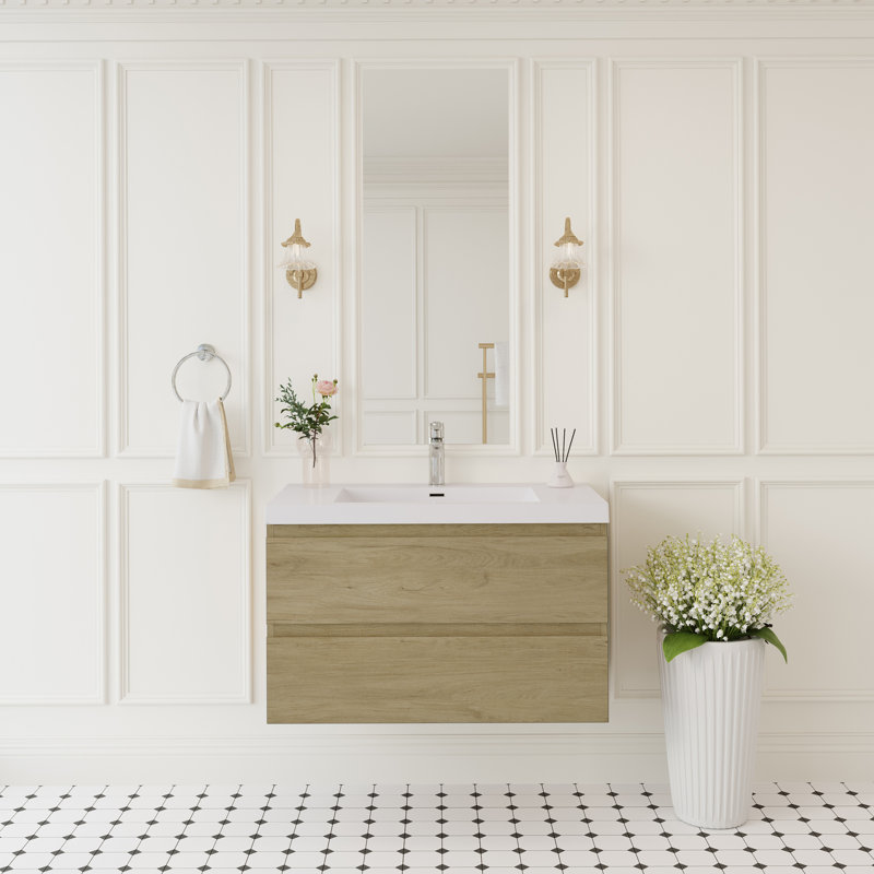 Meuble-lavabo flottant avec lavabo, armoire de rangement murale, plateau à surface solide, tiroirs à fermeture en douceur pour une utilisation organisée dans la salle de bain