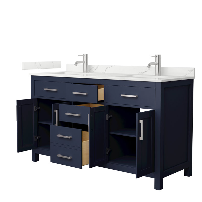 Beckett 60" Freestanding Double Bathroom Vanity with Quartz Top, Brushed Nickel, Giotto Quartz, Dark Blue