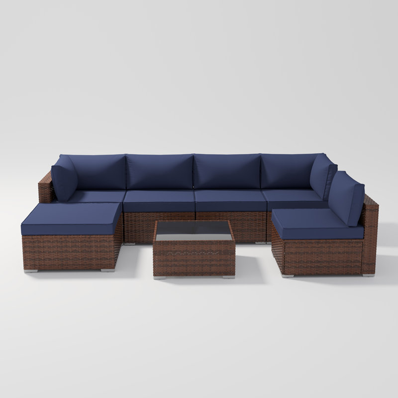 Ensemble de conversation modulaire avec coussins 7 pièces Axwell, Structure brune / coussin bleu marine
