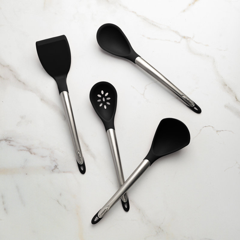 Cuisipro 4 Piece Utensil Set, Black, Heat and Stain Resistant, Spoon, Ladle, Slotted Spoon and Turner, Black