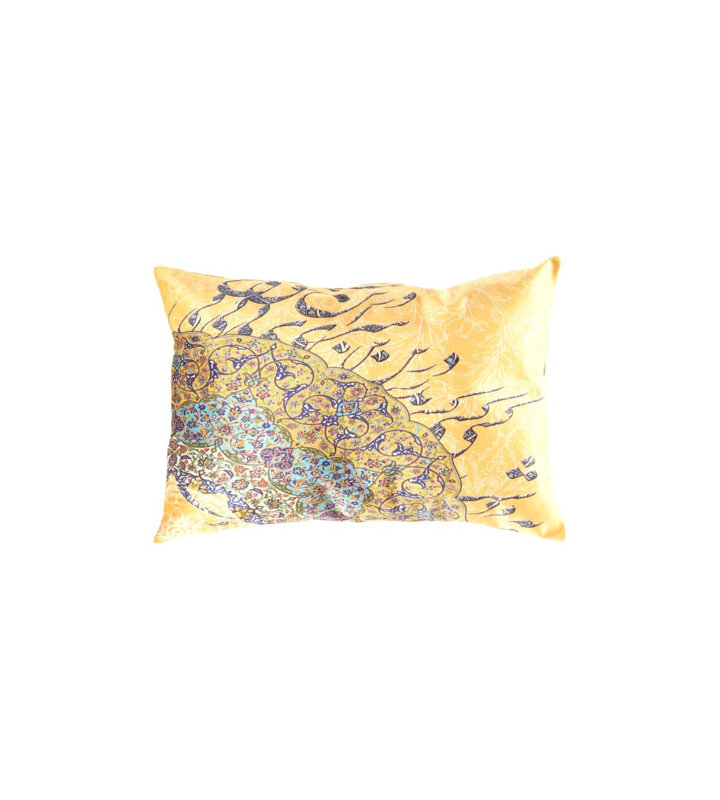 Traditional Calligraphy Velvet Pillow 16'' X 24'' in Blue/Gold