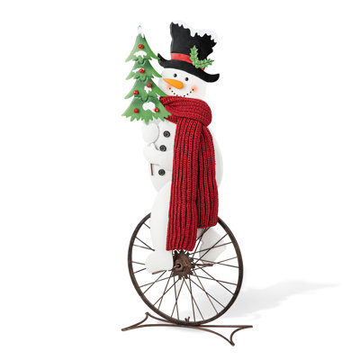 32" H Metal Standing Snowman Riding Bicycle Statue 