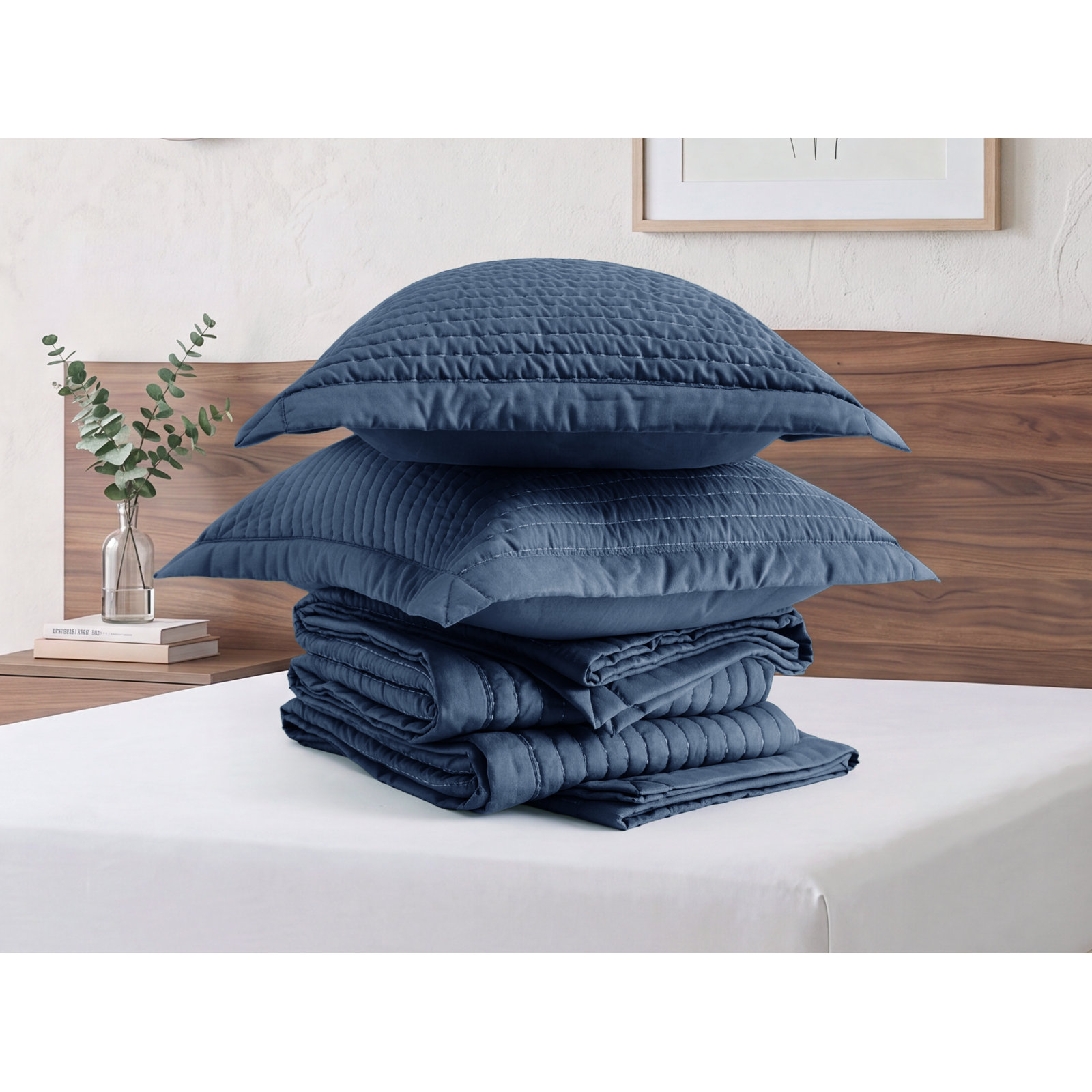  Quilts - Soft Lightweight Quilted Bedspread Coverlet with Contrast Stitching, King Quilt + 2 Shams, Navy