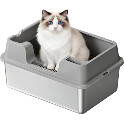 Stainless Steel Cat Litter Tray, 32L Extra Large Litter Box with High Detachable Enclosure, Non-Sticky Easy to Clean for All Cats, Odour-Resistant Leak-Proof 50x35x22cm - Grey