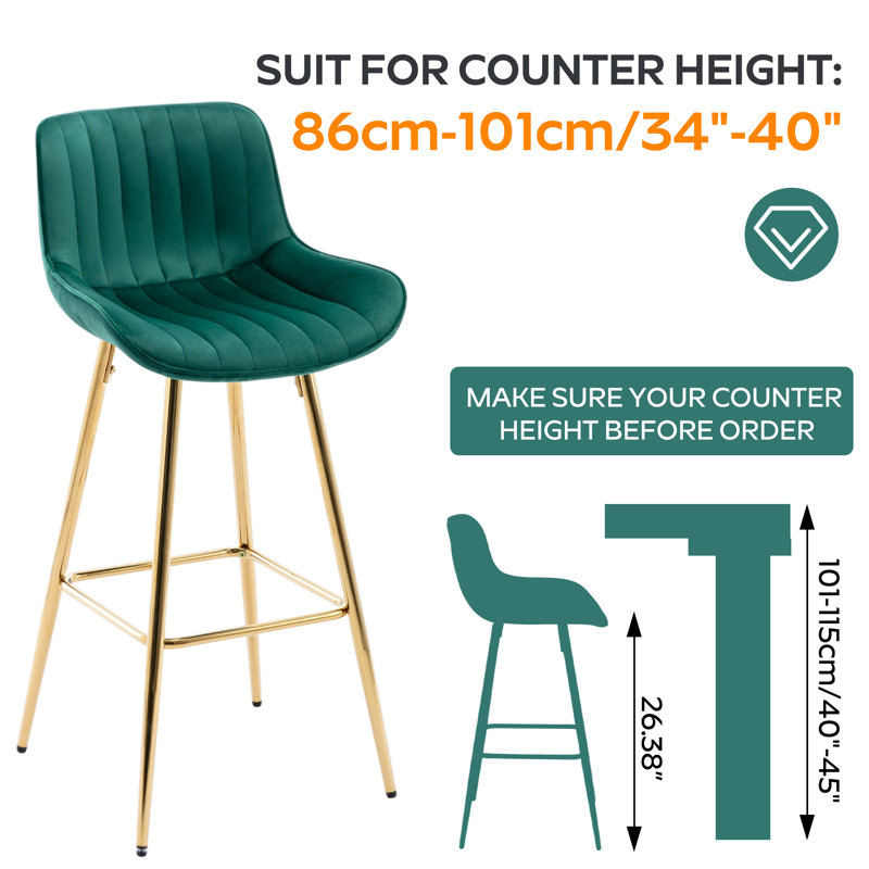 Set of Bar Stools, Velvet Fabric Counter Stool, Green, 6, Counter Stool (26.38" Seat Height)