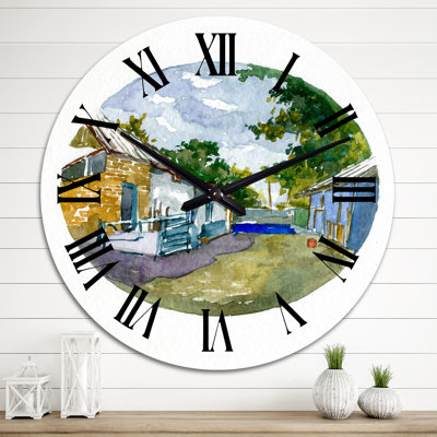 Horloge murale de campagne avec maison de village blanche