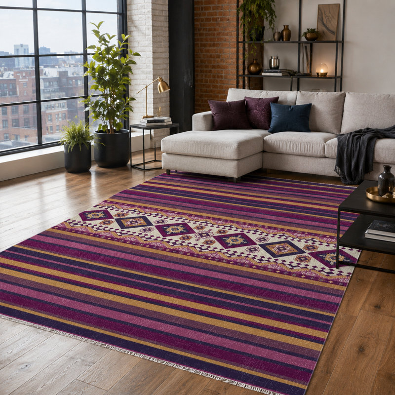 Oriental Cotton and Chenille Flatweave Area Rug, 200 cm round