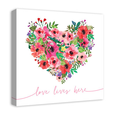 « love lives here floral cœur », impression sur toile tendue