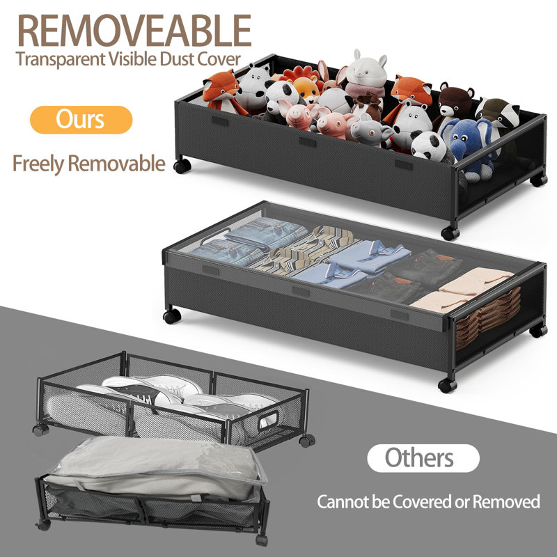Under Bed Storage Containers With Wheels, 2 Pack Underbed Shoe Storage Organizer With Removable Lids, Large Rolling Under Bed Storage Dresser Drawers