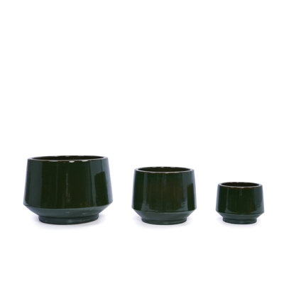 Handmade Solid Glaze Ceramic Planter Set Of 3, 15/11/9 Inch Diameter, No Pattern, For Monstera And Fiddle-Leaf Fig Outdoor Garden & Indoor Staircase Use, Breathable Clay, Dark Green
