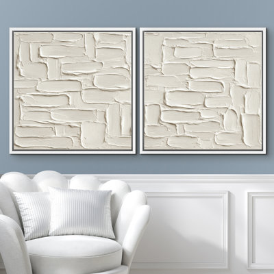 White Stone Block Pattern Wall Design Framed Canvas Master Bedroom Wall Art Work Print