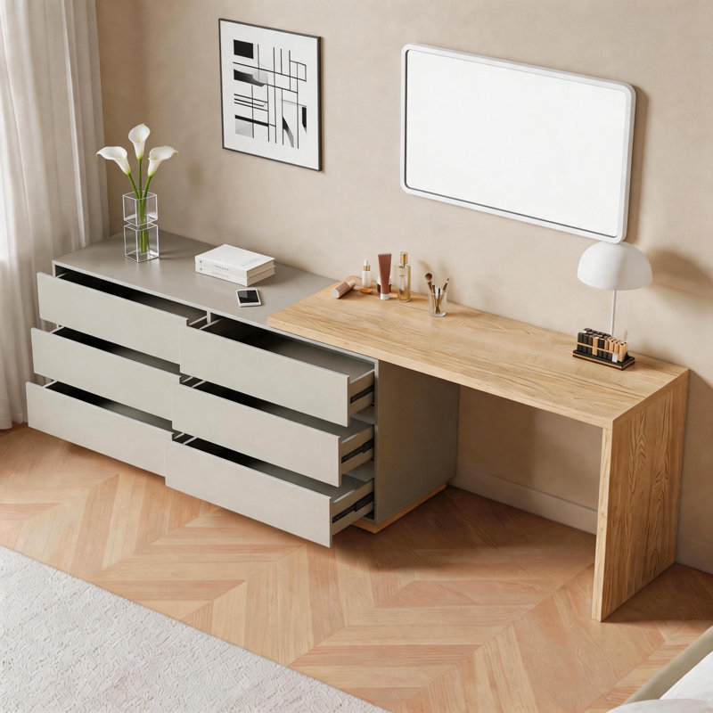 Adjustable Makeup Vanity Table 160-250cm | with Swivel Base & 6 Storage Drawers | Dual-Function as a Study Desk for Bedrooms