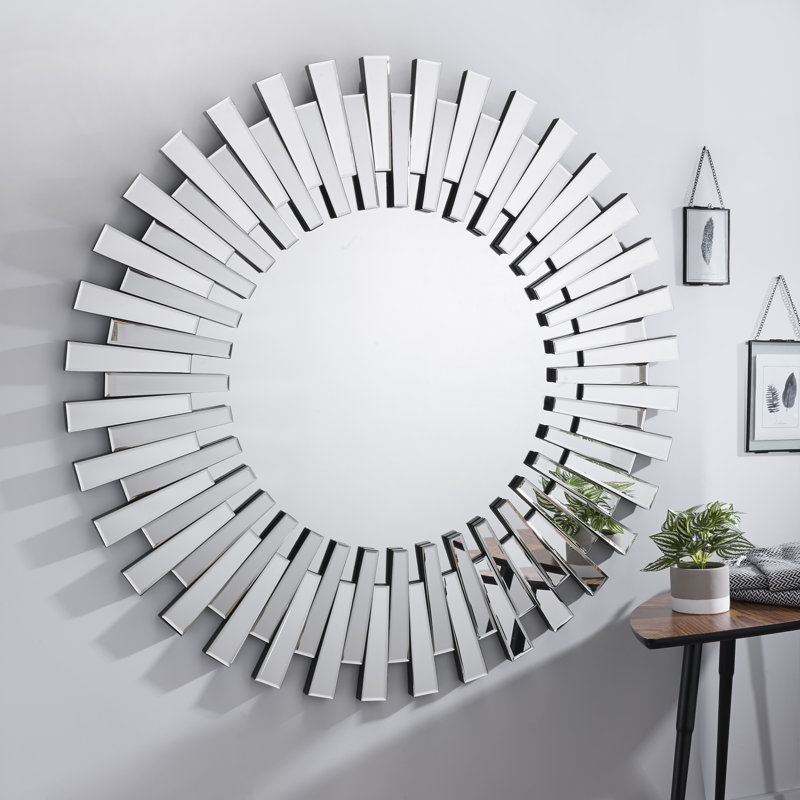 Barston Sunburst Glass Framed Wall Mounted Accent Hallway Hollywood Mirror, 120cm H x 120cm W