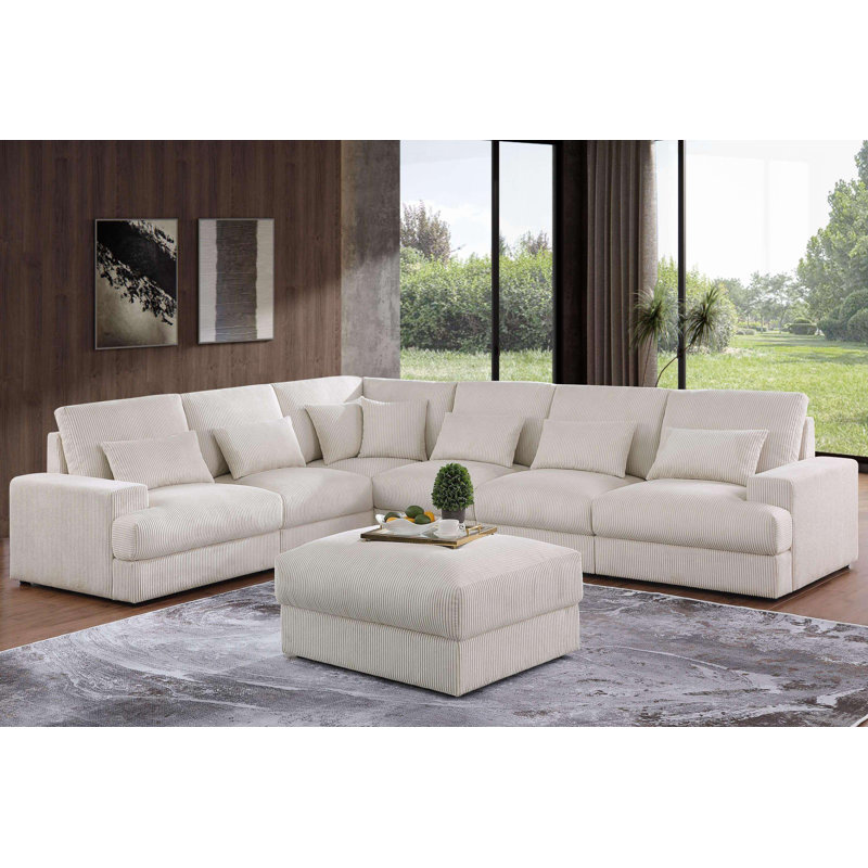7 - Piece Upholstered Sectional, Beige Corduroy