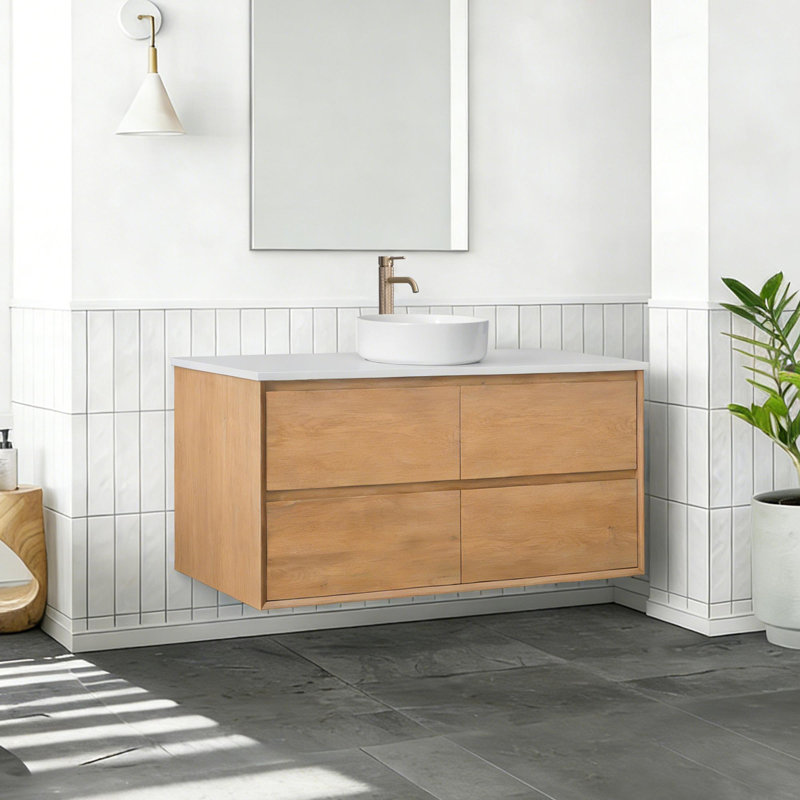 Meuble-lavabo mural moderne avec lavabo vasque et 2 tiroirs Modern, Rond, 48