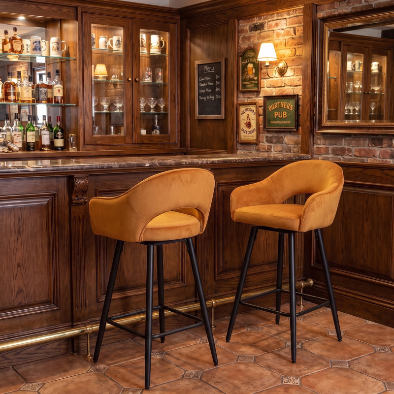 360°Swivel Upholstered Bar Stools with Iron Frame, Velet-Yellow