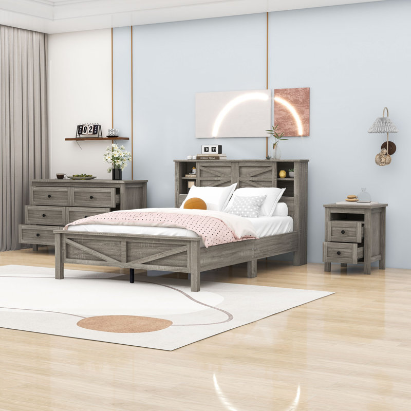 Ensemble de chambre à coucher, lit plateforme avec tête de lit, table de chevet et commode 3 pièces Kuehne, Gris antique
