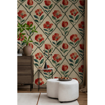 Gurkirat Red Trellis Floral Wallpaper Vibrant Blooms Stylish Interiors Peel and Stick Roll